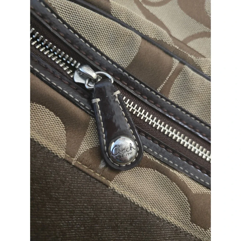 Coach Vintage Y2K Signature Jacquard Canvas Backpack Brown Tan Purple Pom Detail